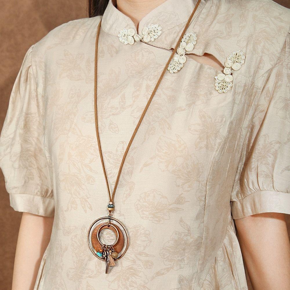 Wood Geometric Jewelry Set Vintage Distressed Finish Sweater Chain Women Pendant  Daily Outfit