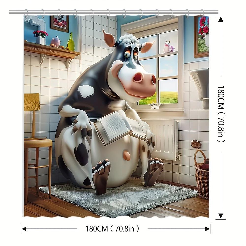 Whimsical Cow On Toilet Shower Curtain - Waterproof, Easy-Clean Fabric With Hooks Included, Perfect For All Seasons