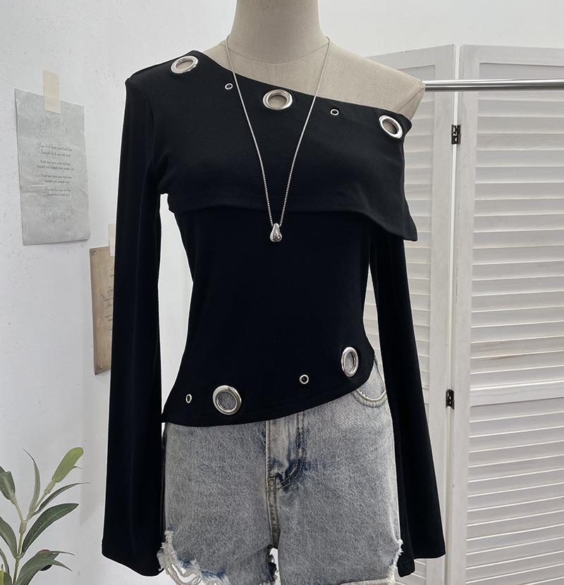 

European/American Style One-Shoulder Irregular Hollow Long-Sleeve Slim Crop Top 2026 One Size чёрный