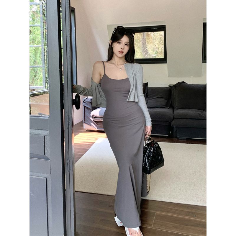 European and American Sexy Tight-Fit Slim-Fit Figure Flattering Summer Hip-Hugger and Black Pure Color Dress Women's Base Strap Long Skirt