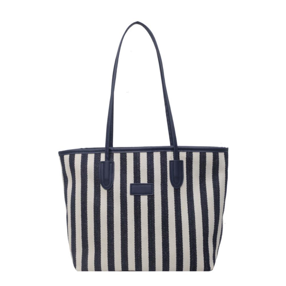Large Capacity Shoulder Bag Zipper Shopping Handbag Simple Stripe Canvas Tote Bag  Girls
