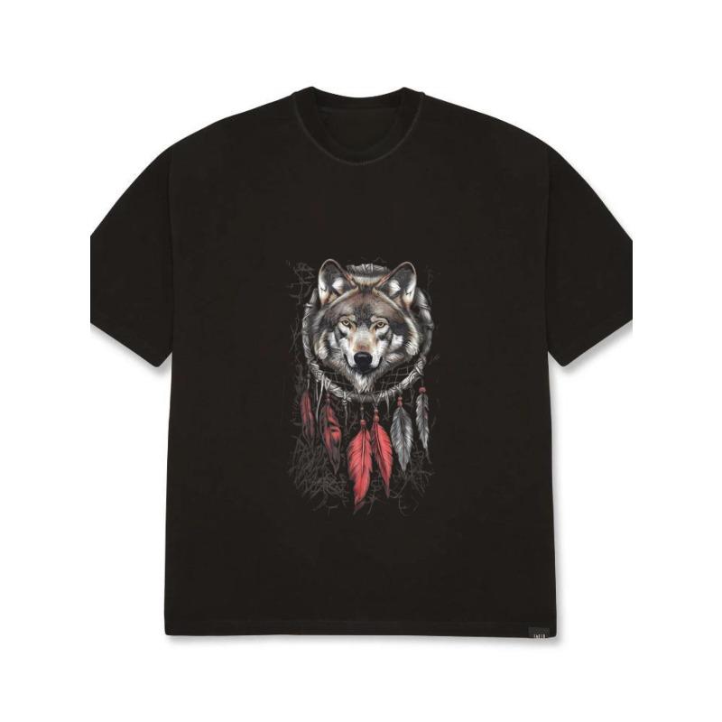 

Мужская футболка оверсайз с принтом ловца снов и черного волка, повседневный топ в стиле стритвир для ежедневной носки и активного отдыха XXXXL чёрный