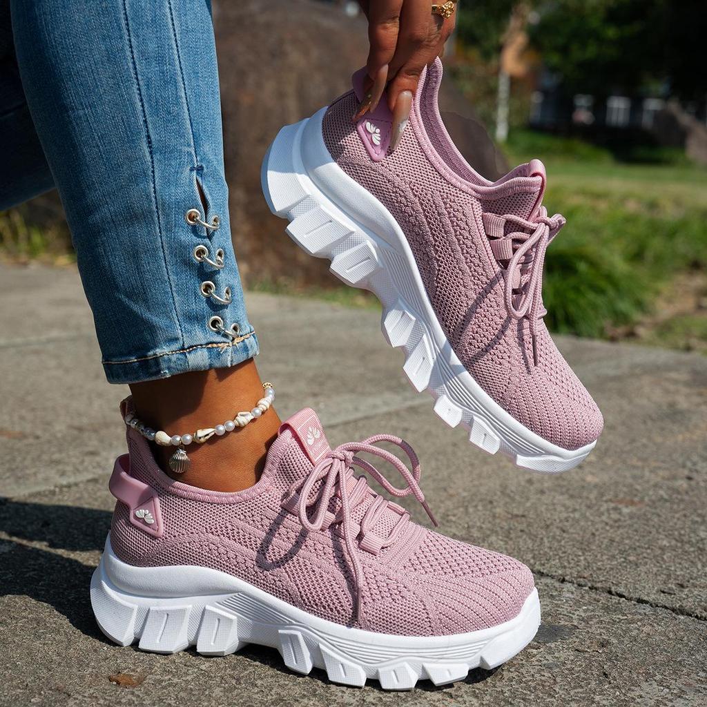 Spring Women Shoes Orange Sneakers Woman Knitted Shoes Breathable Mesh Ladies Casual Shoes Platform Lace-up Soft Thick Sole