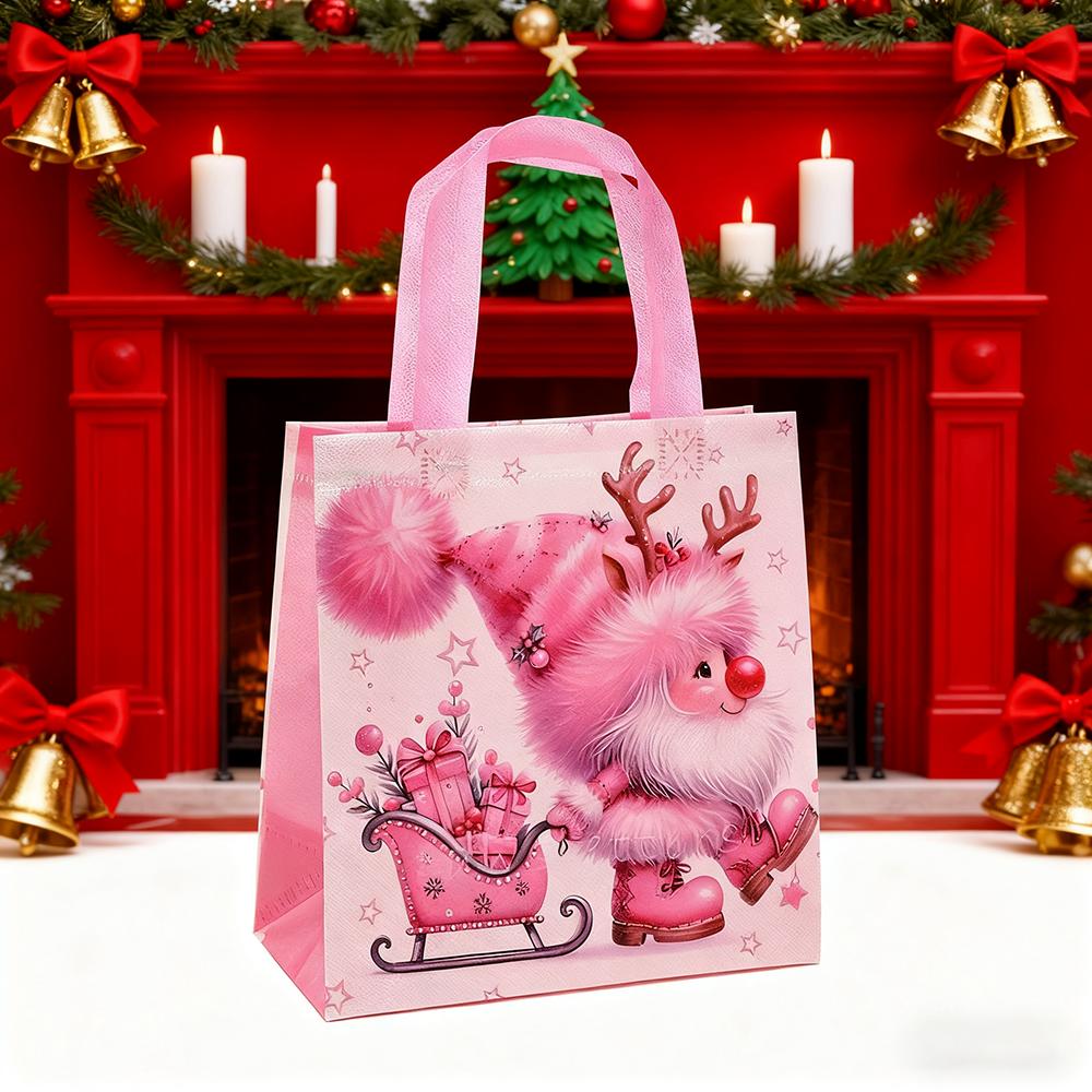 Pink Christmas Gift Bag Festive Xmas Gift Packaging Bag Cute Christmas Tote Waterproof Non-Woven Tote Bag For Christmas Birthday
