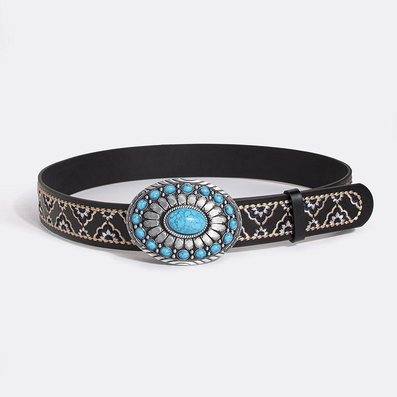 Vintage Turquoise Carved Sheep Head Embroidered Leather Belt For Fashion Enthusiasts