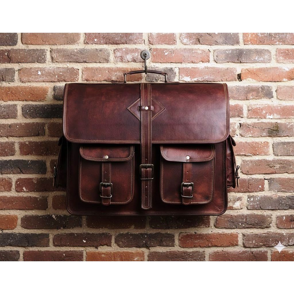 Large Men's Vintage Goat Leather Briefcase Shoulder Satchel Messenger Laptop Bag