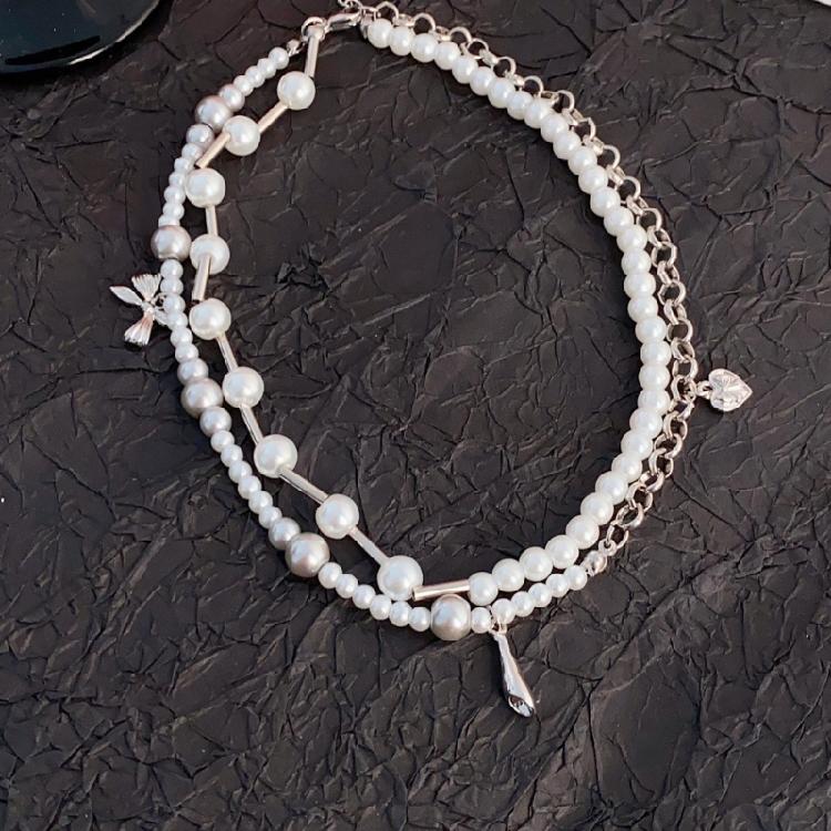 Adjustable Length Bowknot and Pearls Necklace Glass Beads Double Layer Choker Handmade Business Meeting Jewelry