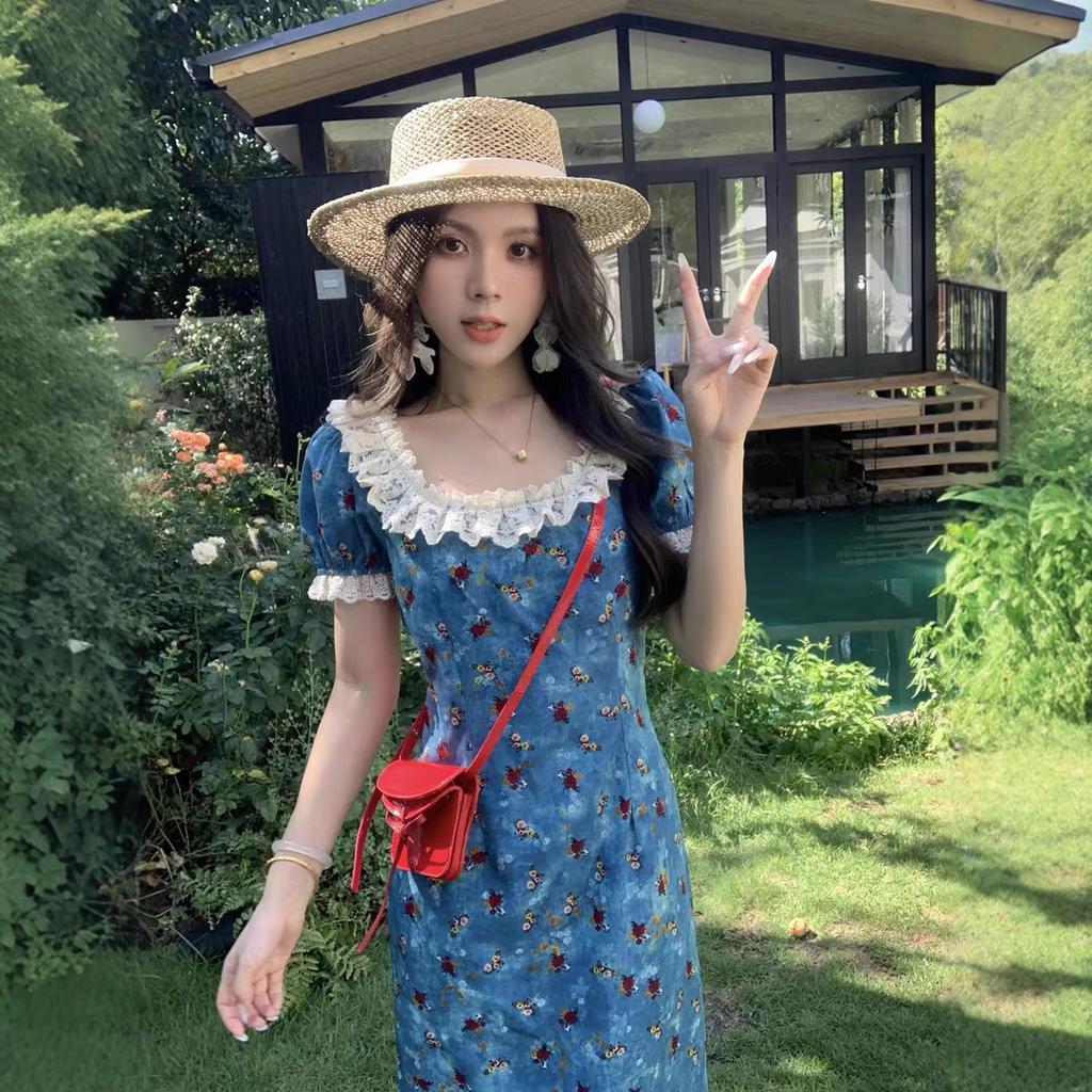 French Blue Floral Square Neck High-end Dress Women's Summer New Small Beautiful Long Dress