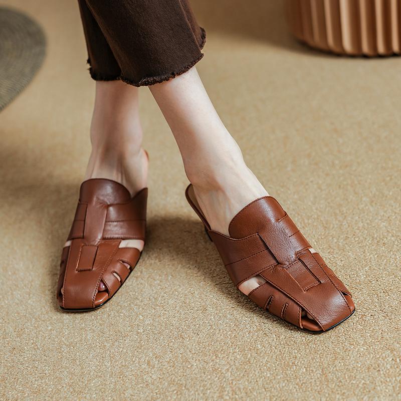 2024 Neue Elegante Damen Echtes Leder Dicke Hohe Absätze Pumps Frühling Sommer Komfort Lässige Schuhe Frau Mules Slipper Sandalen
