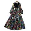 French light and mature style printing hollow dress women's spring and summer V-neck lantern sleeves waist and thin temperament long dress