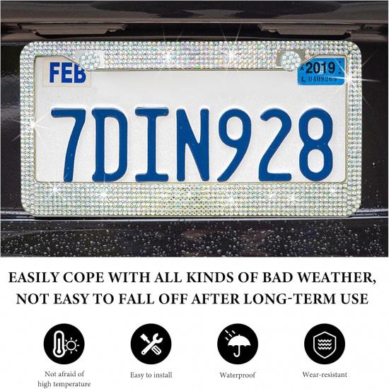 Bling Car License Plate Frame, 2 Holes Stainless Steel Sparkly Auto Tag Cover with Screws Caps, Bedazzled Rhinestone Licence Plate Holder Vehicle