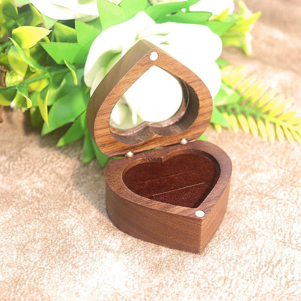 Transparent Cover Walnut Wood Rings Box 2 Slots Rings Bearer Box Simple Heart Rings Holder  Propose