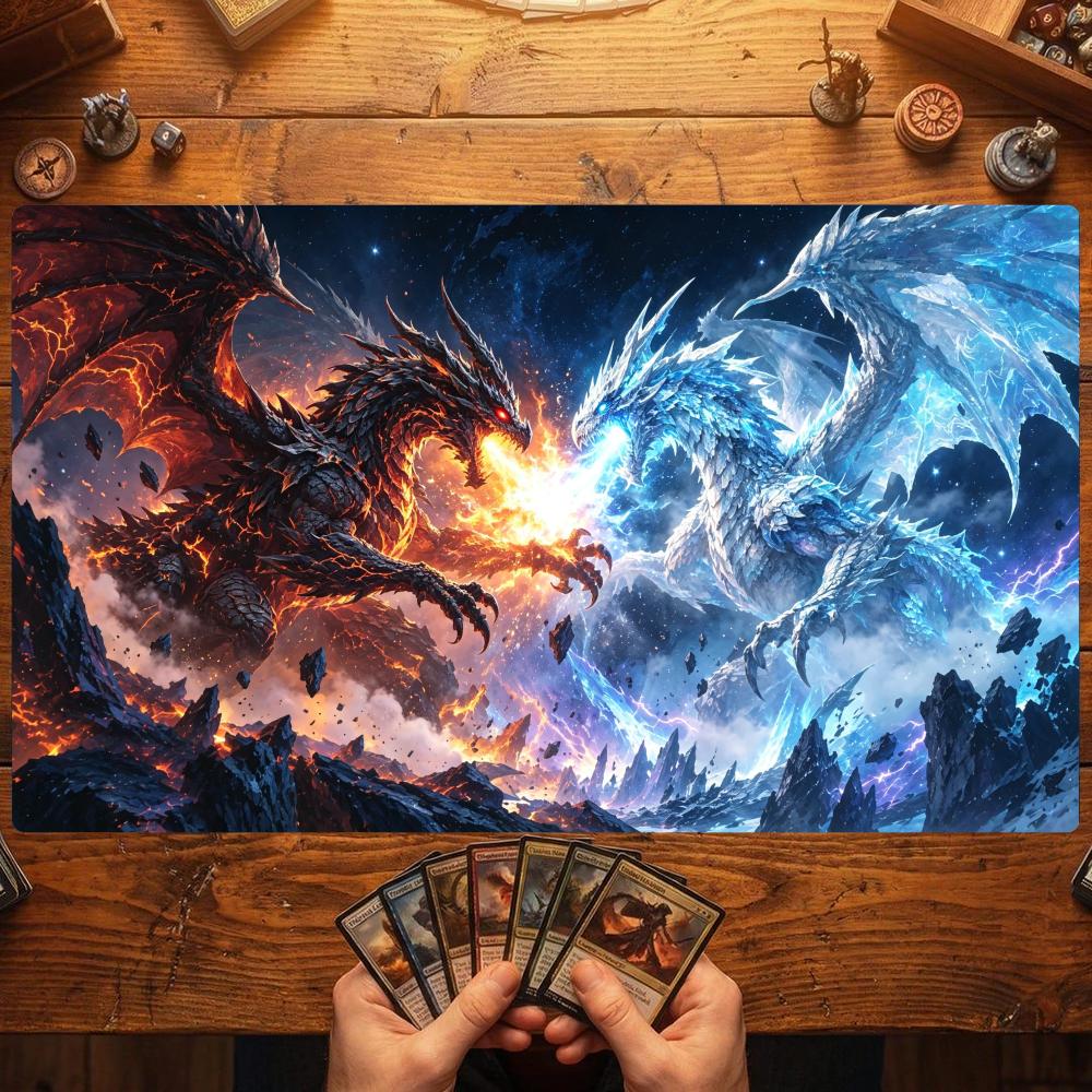 Magic Card Playmat TCG Playmat Ice Fire Phoenix Non-Slip Stitched Edge Mythic Gaming Mats Tapete Magic Mat Card Pad