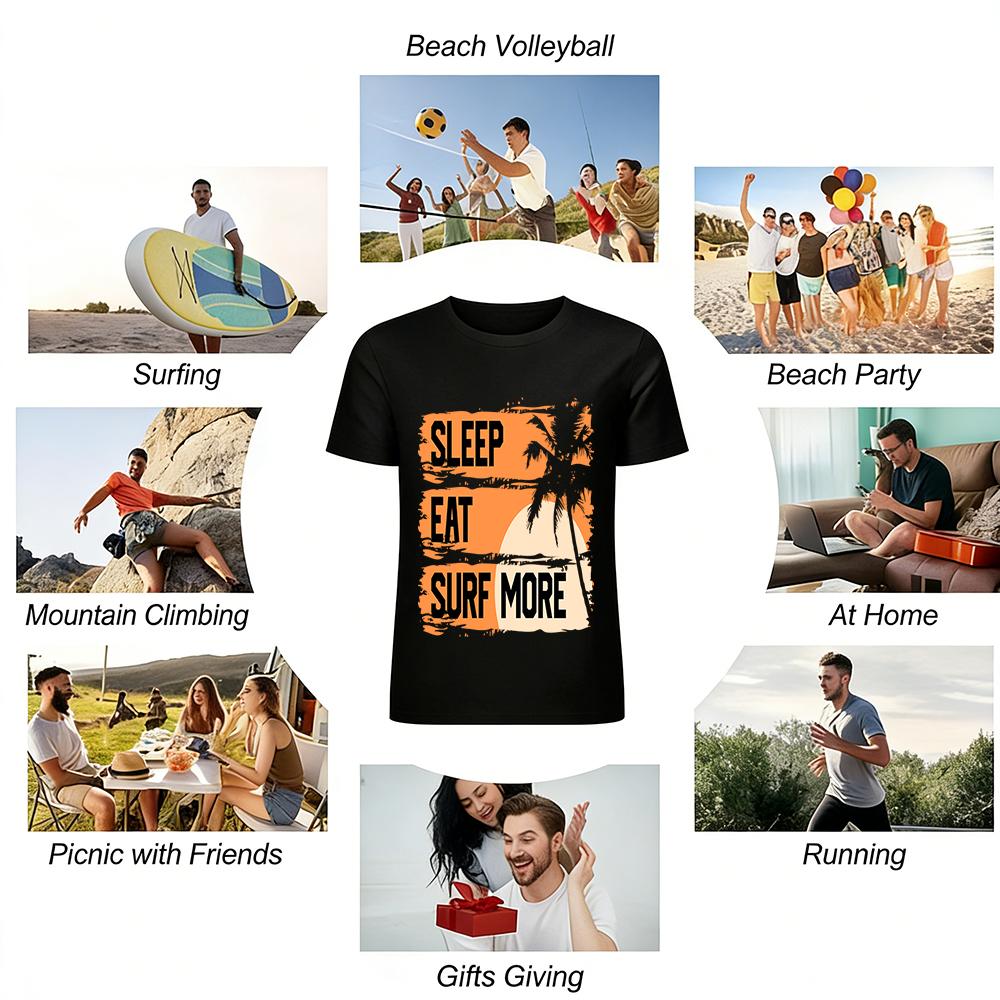 Sleep Eat Surf More Coconut Tree Print Casual Vacation Short Sleeve Tee Pure cotton T-shirt