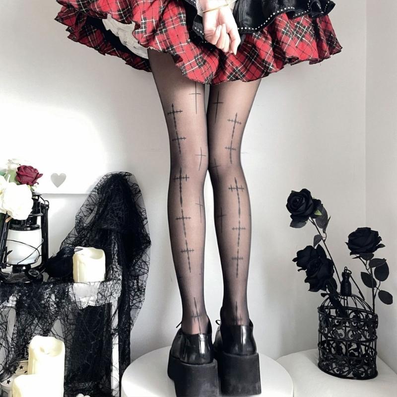 Gothic Style Mesh Tights With Edgy Crosses Motif Breathable Nylon For Women