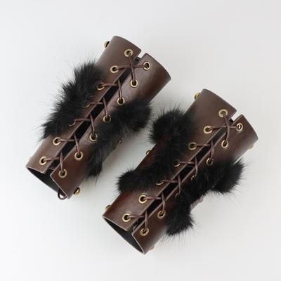 Medieval Retro PU Leather Rivet Wristband Faux Fur Stitching Wristband Viking Pirate Role Playing Accessories