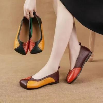 Frühling und Herbst Weiche Sohle Flache Mund Leder Einzelne Schuhe Damen Retro Handgemachte Damen Schuhe Flache Unterseite Farblich Passende Mutter Schuhe