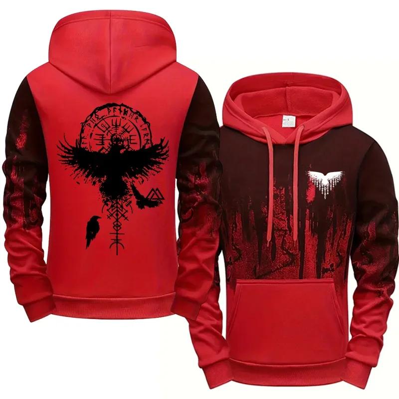 Autumn Winter Men Hoodie Viking Raven Print Sweatshirt Warm Comfortable Outdoor Fashion Top Quality Casual Outwear Male Clothing