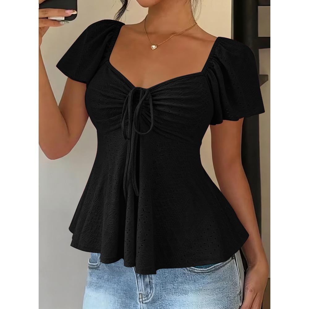 T-shirt da Donna Estiva a Maniche Corte, Scollo a V con Coulisse e Effetto Arricciato, Top Blusa Sexy Casual alla Moda per Tutti i Giorni