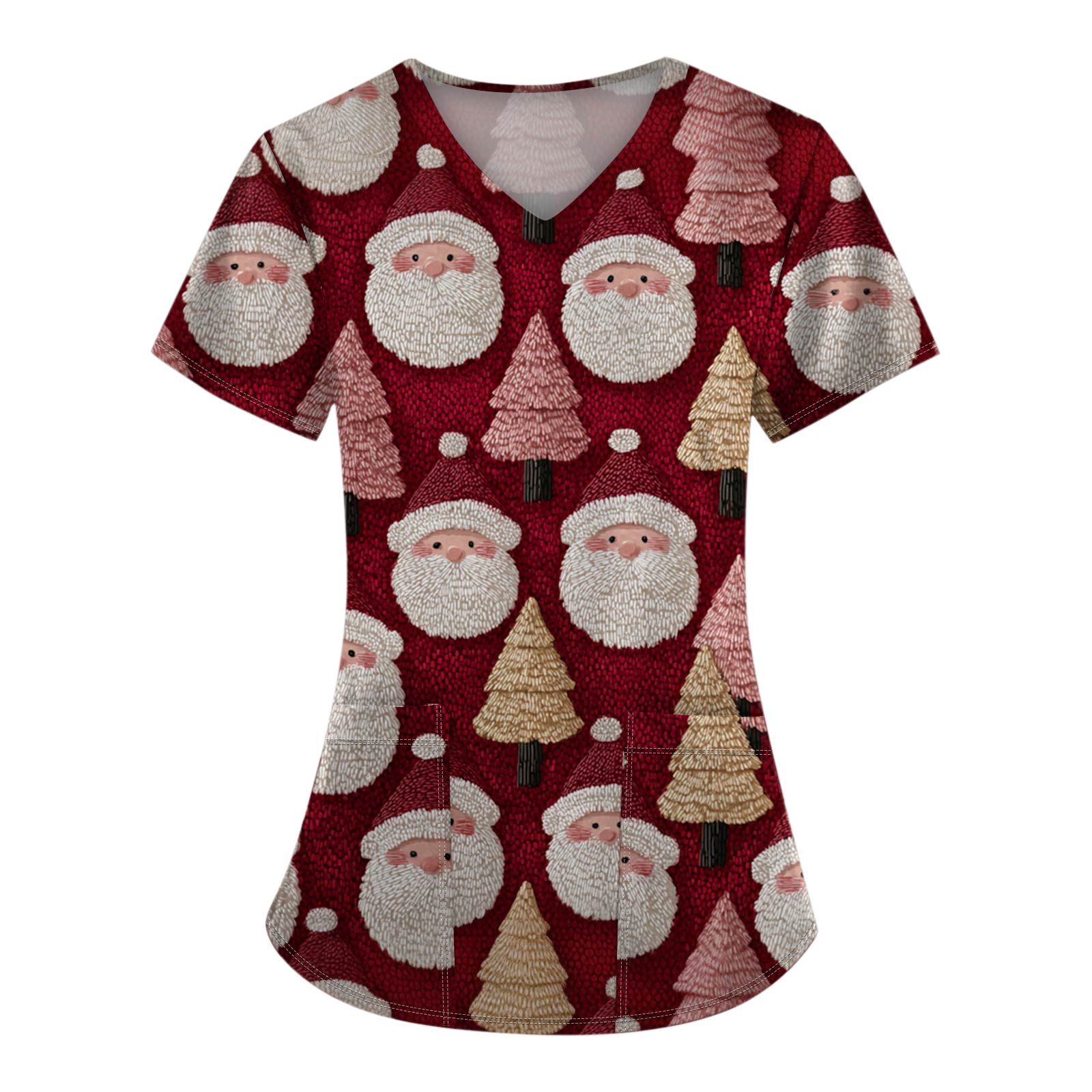 

Женские топы с короткими рукавами и v-образным вырезом с рождественским принтом, рабочая блузка с карманами S винный