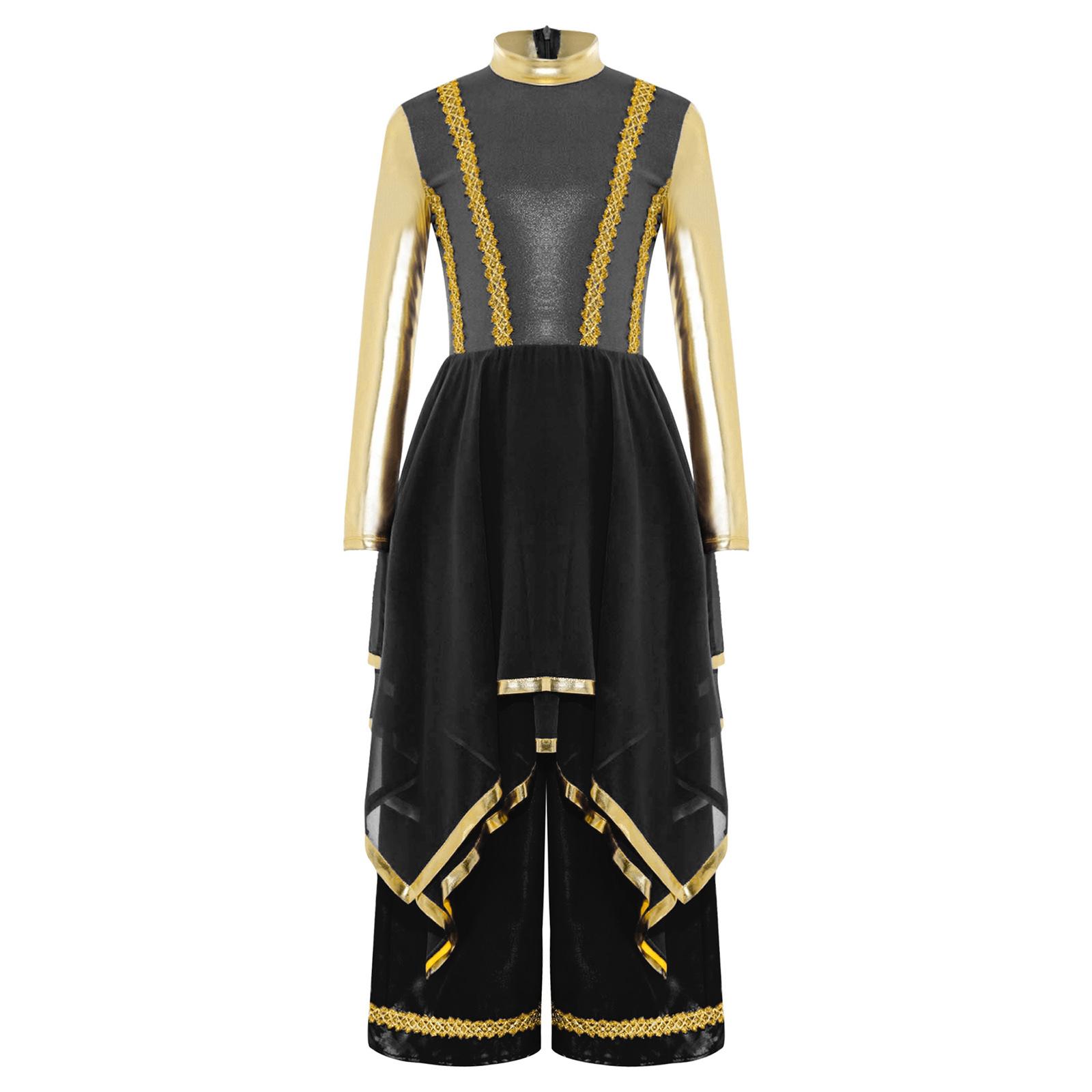 

Дівчачий цільний одяг для поклоніння, літургійного танцю, з довгим рукавом, невидимою блискавкою, золотою обробкою, спідницею з нерівним подолом, комбінезон 5-6 Years чорний