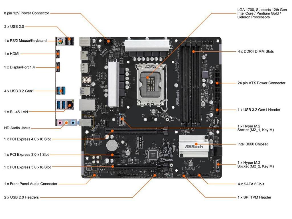 ASRock B660M PHANTOM GAMING Intel Micro-ATX 4-Sockel LGA1700/ B660/ DDR4/ SATA3&USB3.2/ M.2 Motherboard.