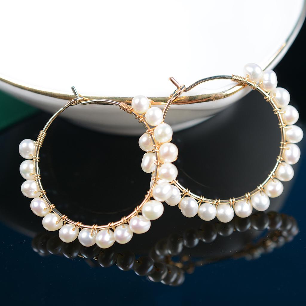 Hand-wound large circle earrings, natural freshwater pearl ear buckle 11k gold injection round fashion commuter light luxury style