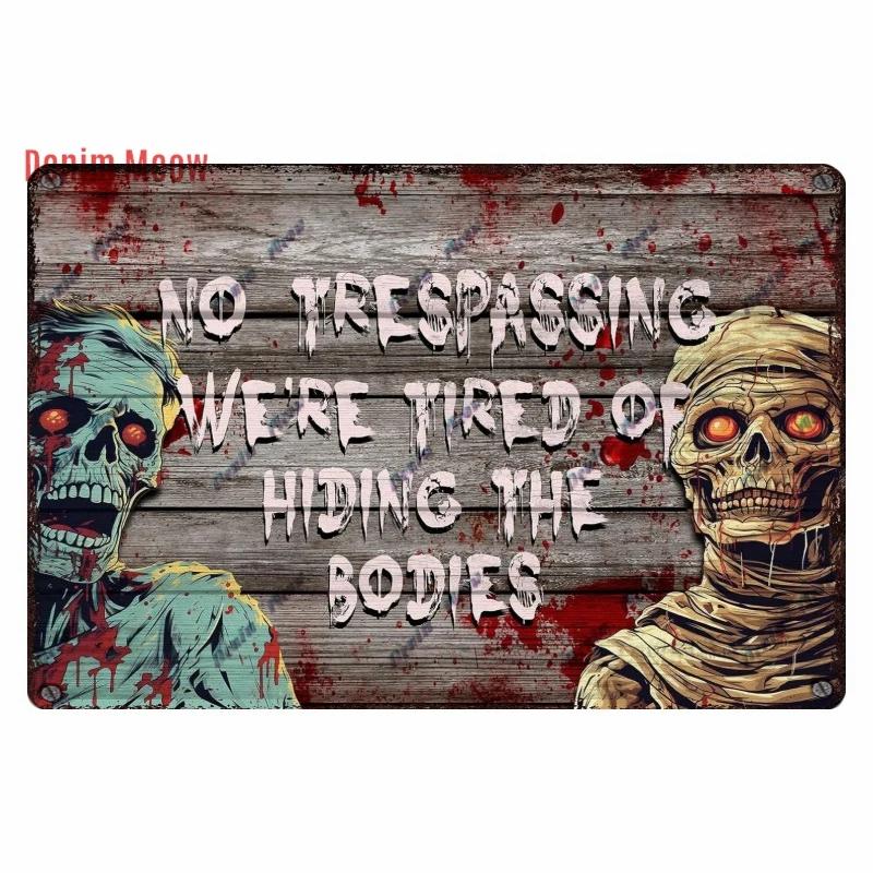 Vintage Witch Halloween Wall Art Poster, No Trespassing Metal Sign, Warning Tin Plates for Gift, Bar Party, Room Decoration WY68