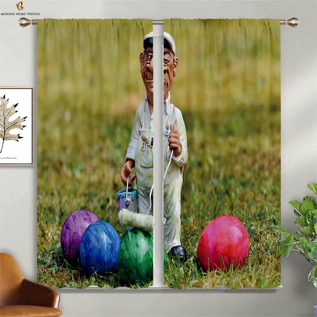Set Of 2 Cute Cartoon Rabbit Colored Eggs Easter Print Curtain Bedroom Living Room Children Decorative Curtains Made Polyester Great Window Treatment