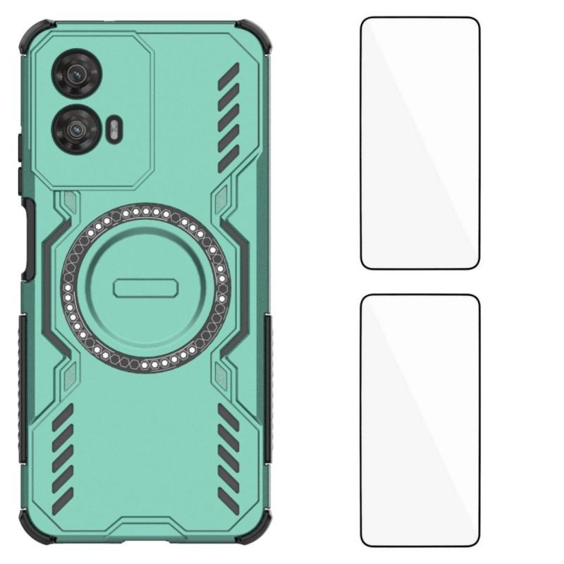 For Motorola Moto G34 5G Magnetic Case WANLONFENG DJ Series PC TPU Phone Cover with 2Pcs Tempered Glass Film