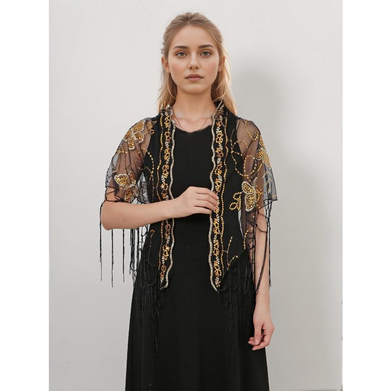 Meier Butterfly triangle scarf - openwork tassel embroidered party banquet evening dress lace shawl
