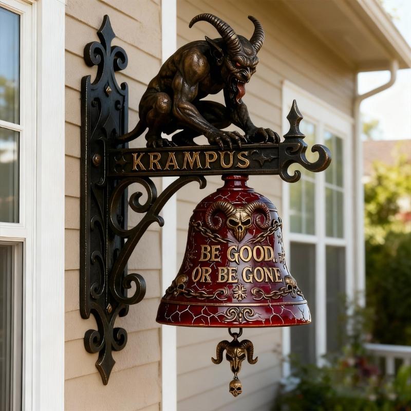 Krampus dekorativní závěsná ozdoba, Vítejte znamení Závěsná dekorace inspirovaná farmou, Nástěnný litinový/pryskyřičný venkovní akcent, Tmavý vintage kousek pro