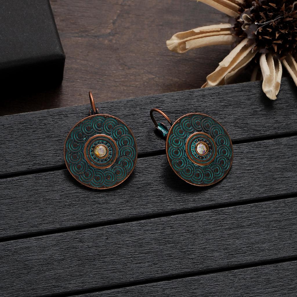 Antique Bronze Metal Earrings Vintage Geometric Round Triangle Dangle Pendientes Earrings Women's Ethnic Indian Jhumka Zircon