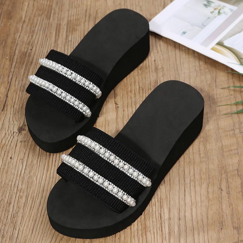 Fashion Pearls To Decorate Slippers Woman Summer Wedge High Heel Sandals for Women Daily Lightweight Soft Bottom Non Slip Slides Mujer