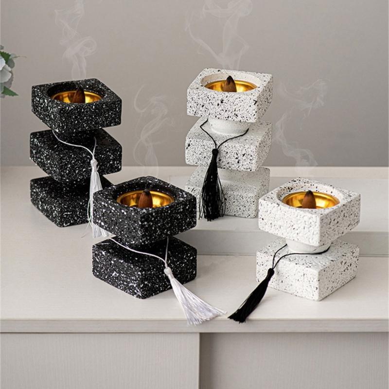 Vintages Resins Incenses Burners Base, Square Layer Tassels Antique Home Decoration Art for Study Room Living Room Home Office