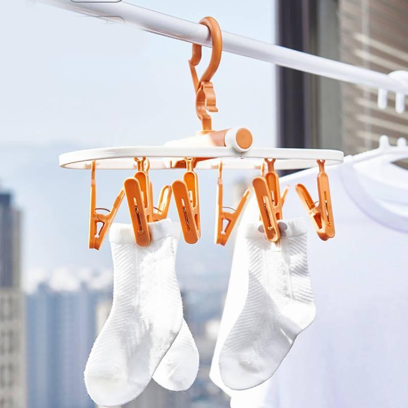 Portable Long Bar Foldable Plastic Clothes Drying Rack With Clips In Misty Blue