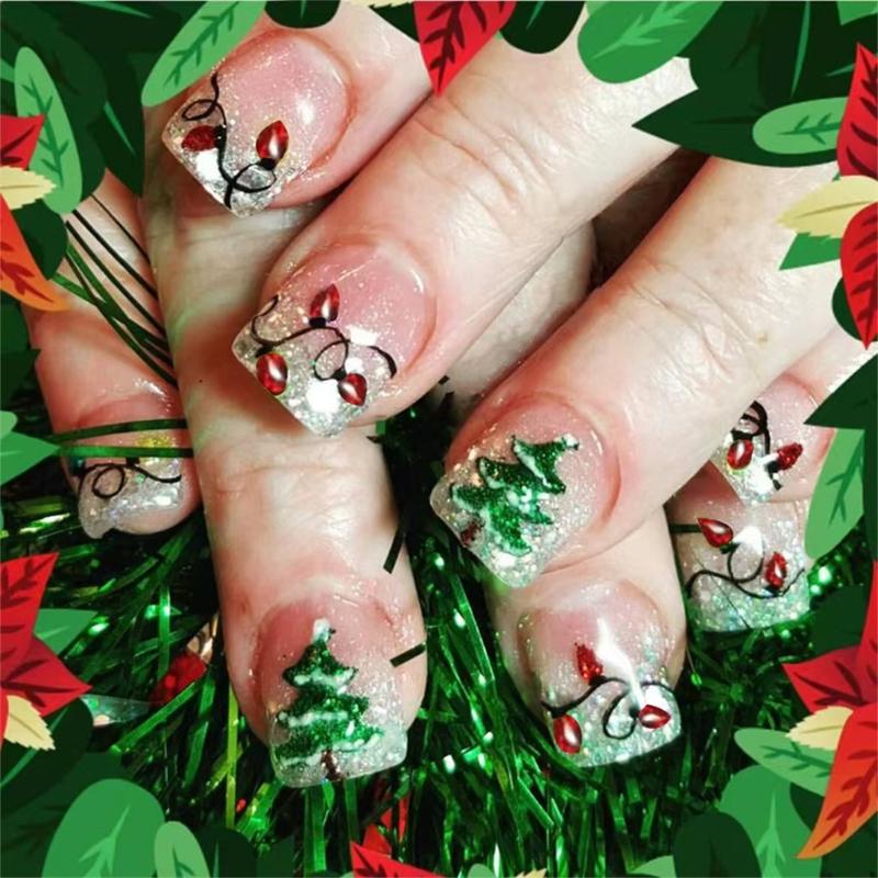

24x/Box Glittering False Nails Christmas Press On Nails Short Square Artificial Nails Winter Full Cover Stick on Nails 1