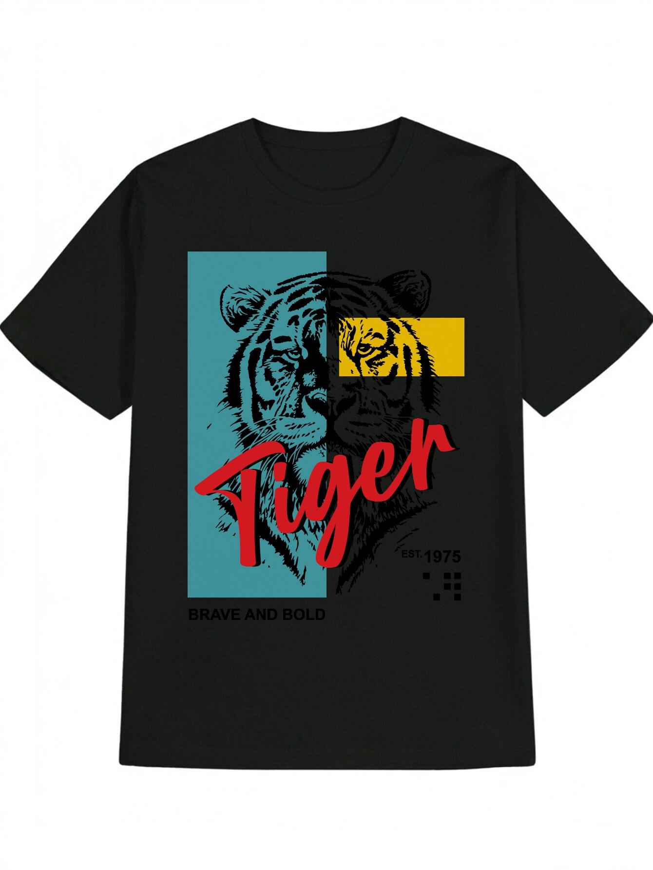 

Casual Graphic T-shirt with Tiger Head & Blue Background Print XXL