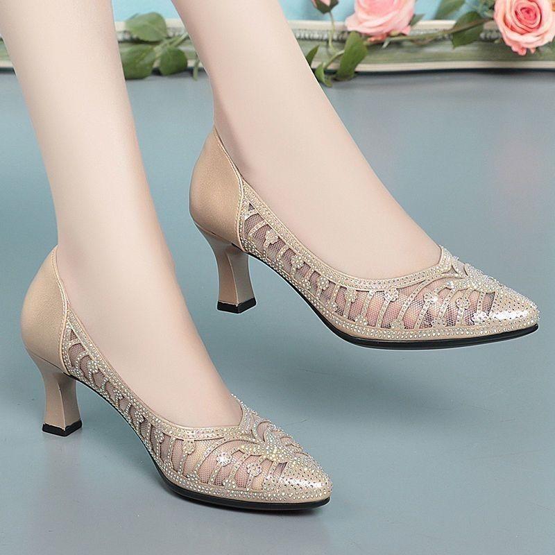 Scarpe da Donna a Punta Moda Rete Strass Tacco Alto Slip-On Punta Acuta Nero Champagne Dropshipping