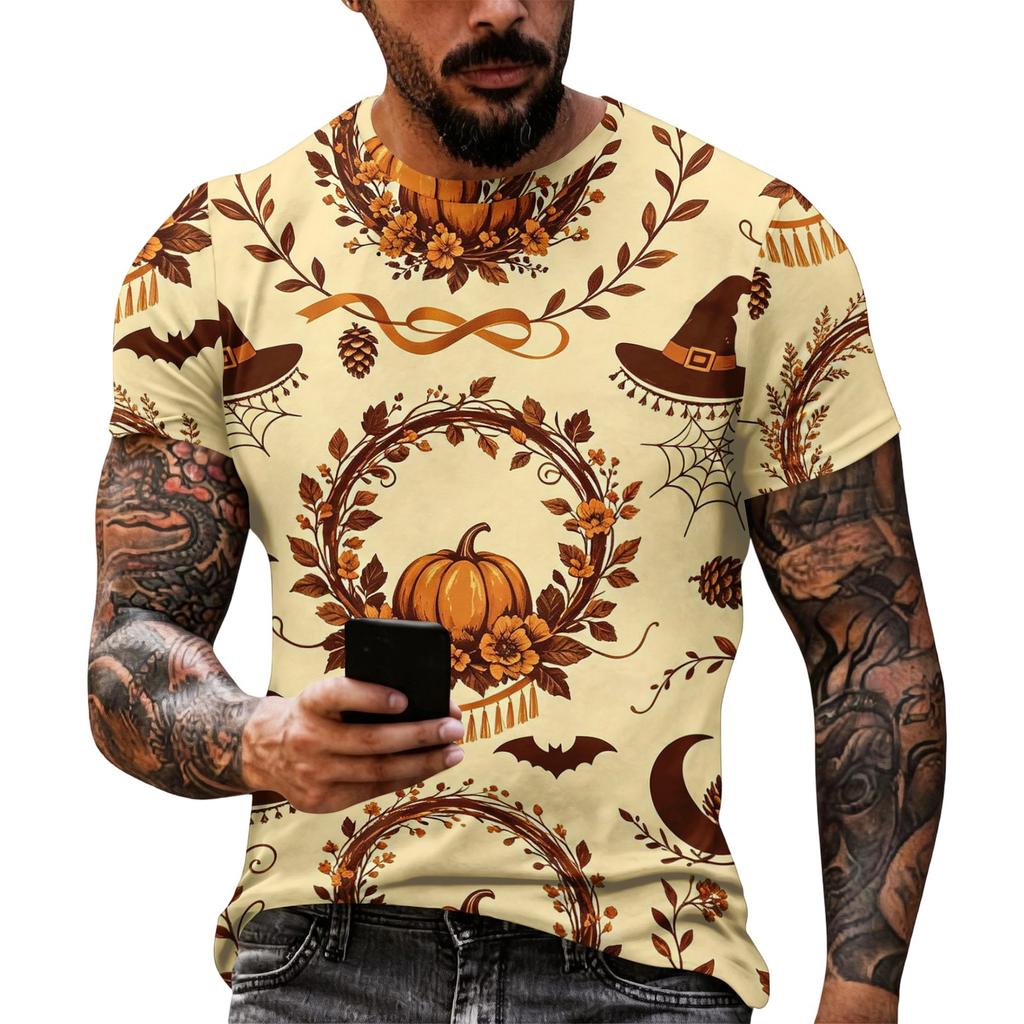 Women Halloween Short Sleeve T Shirt Round Neck Pumpkin Web Print Casual Lightweight Top S XL