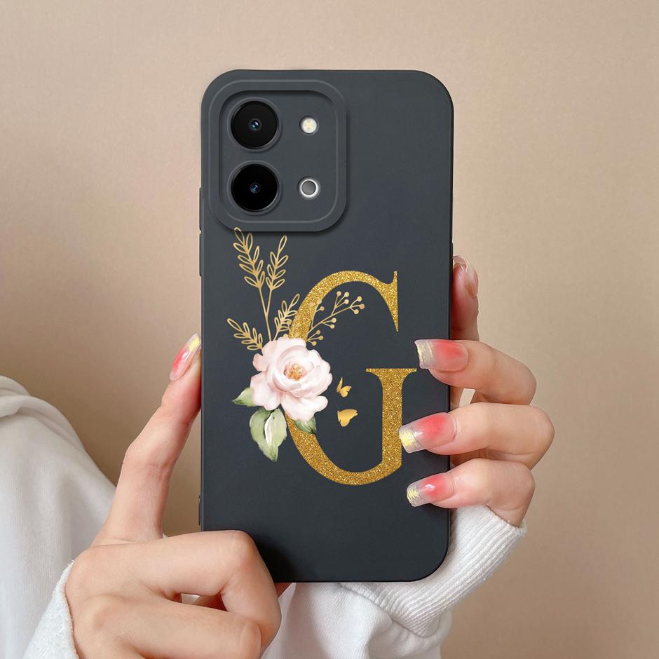 Case For Vivo Y28 4G 5G Art Flower 26 Letters Liquid Silicone TPU Back Cover For VivoY28 4G 5G Advanced Sense Couple Funda Shell