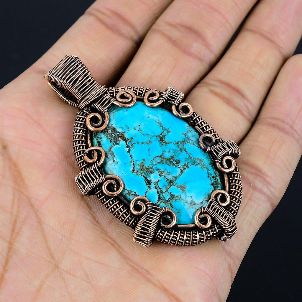 Tibetan Turquoise Pendant, 999 Copper Wire Wrapped Gemstone Jewelry, Handmade Pendant, For Thanksgiving