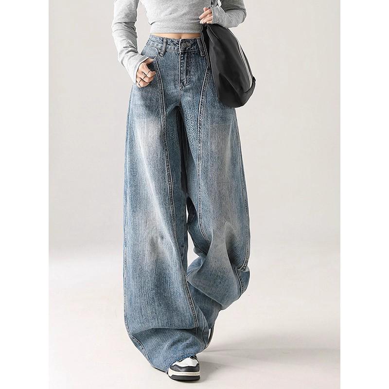Retro Wide-Leg Floor-Length Jeans for Women - Light Blue, Washed, Versatile, Ideal for Autumn Commutes