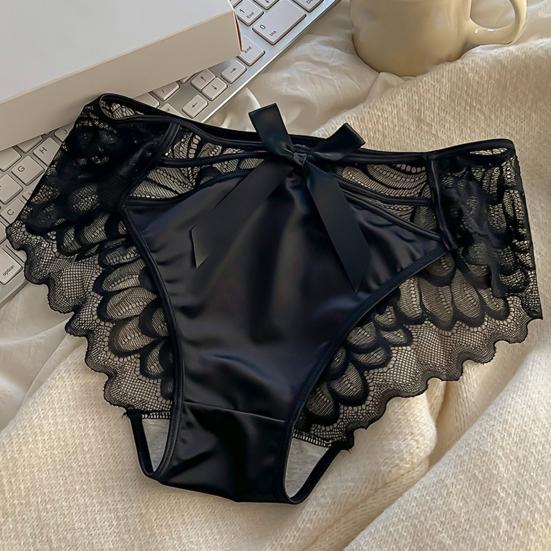 Women Sexy Lace Satin Panties Mid Waist Silky Underwear with Bow Lady Seamless Briefs Invisible Bikini Underwear