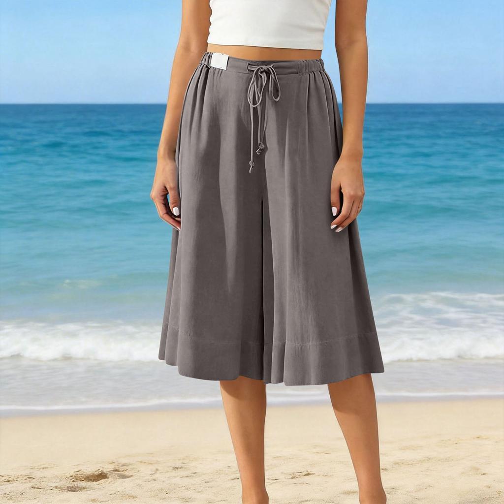 Women’s Wide Leg Culottes Drawstring Waist Loose Fit Pleated Midi Skirt Pants Soft Lightweight Fabric