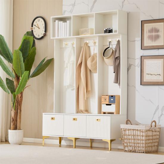 Wardrobe Set with Bench, Multifunctional Storage Bench, Open Storage, 6 Golden Hooks And Feet, Suitable for Hallway, Living Room, White