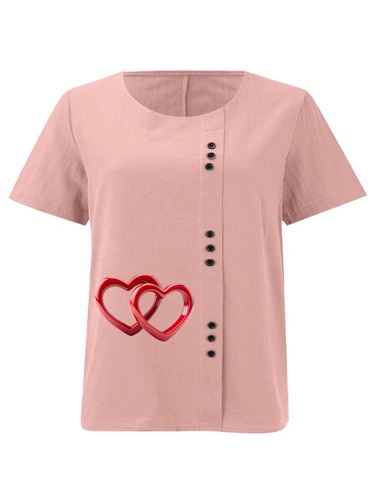 Women s Fashion Red Heart Shape Print Round Neck Short Sleeve T-shirt Casual Cotton Linen Graphic Shirt Leisure Loose Summer Blouse Tops S розовый