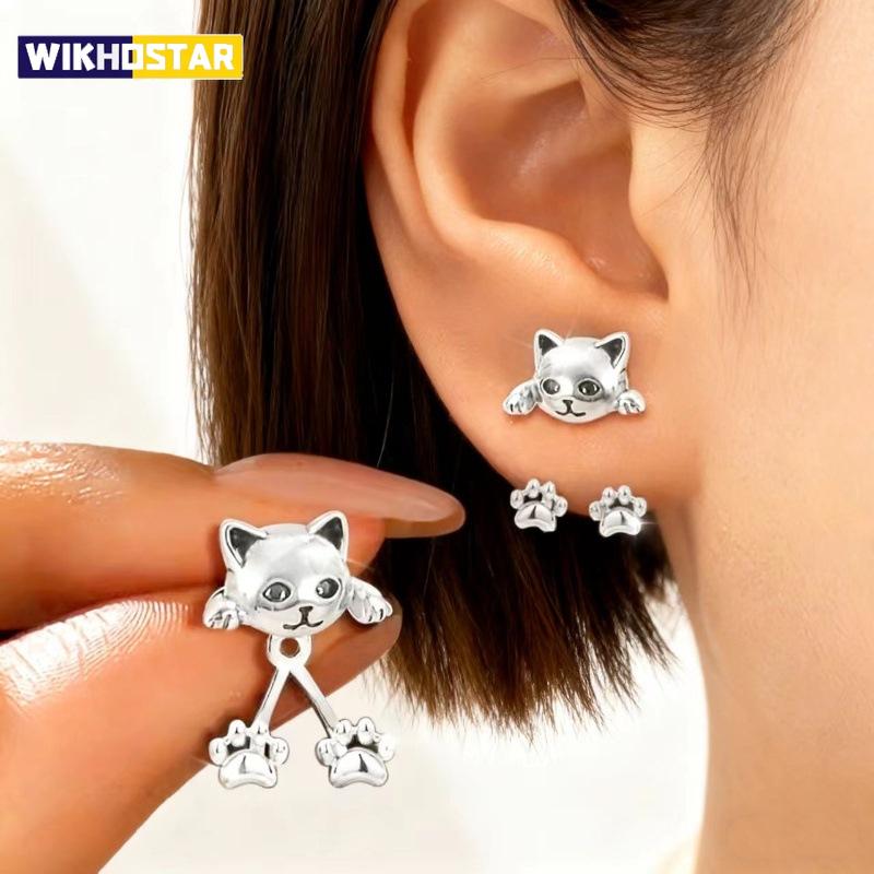 Vintage Funny Silver Color Cat Earring for Women Cute Animal Kitten Back Hanging Earrings Girls Party Banquet Piercing Jewelry