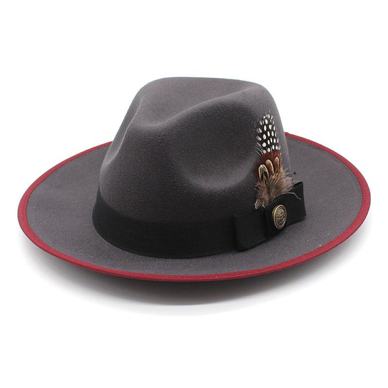 Black Hemming Feather Youth Top Hat Men And Women Large Brim British Fan Wool Gentleman'S Hat