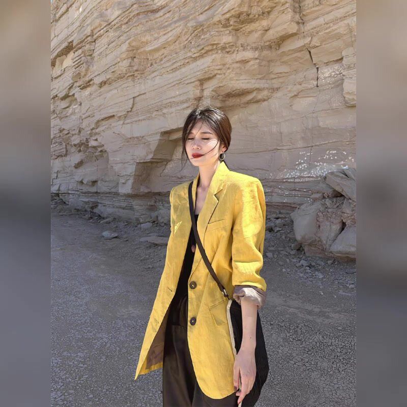 2026 Spring French-Style Dopamine Cool and Chic High-End Stylish Linen Yellow Blazer Jacket for Women Linen Yellow Coat S